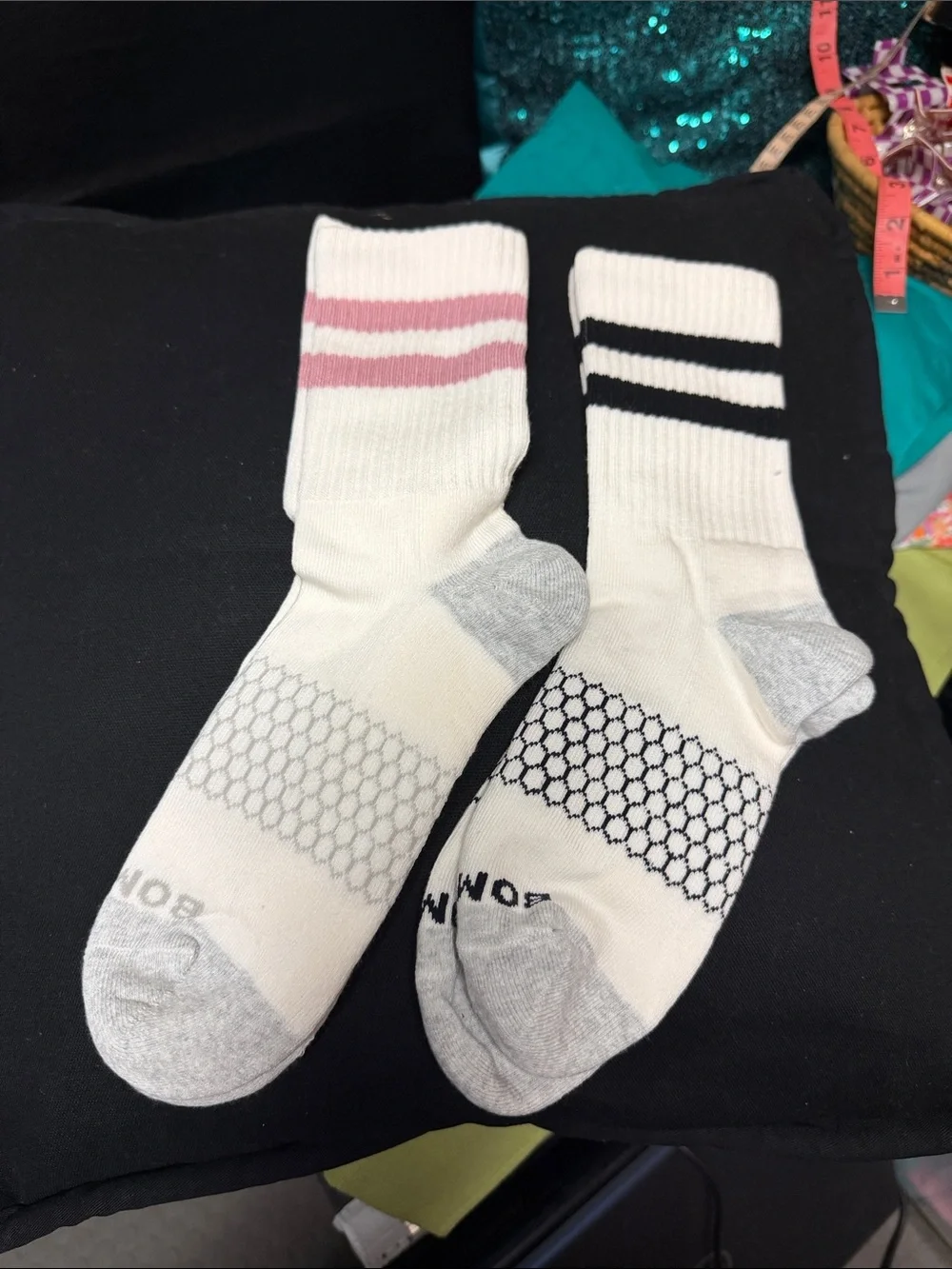 Unisex Crew Athletic Socks - White with Pink & Black Stripes